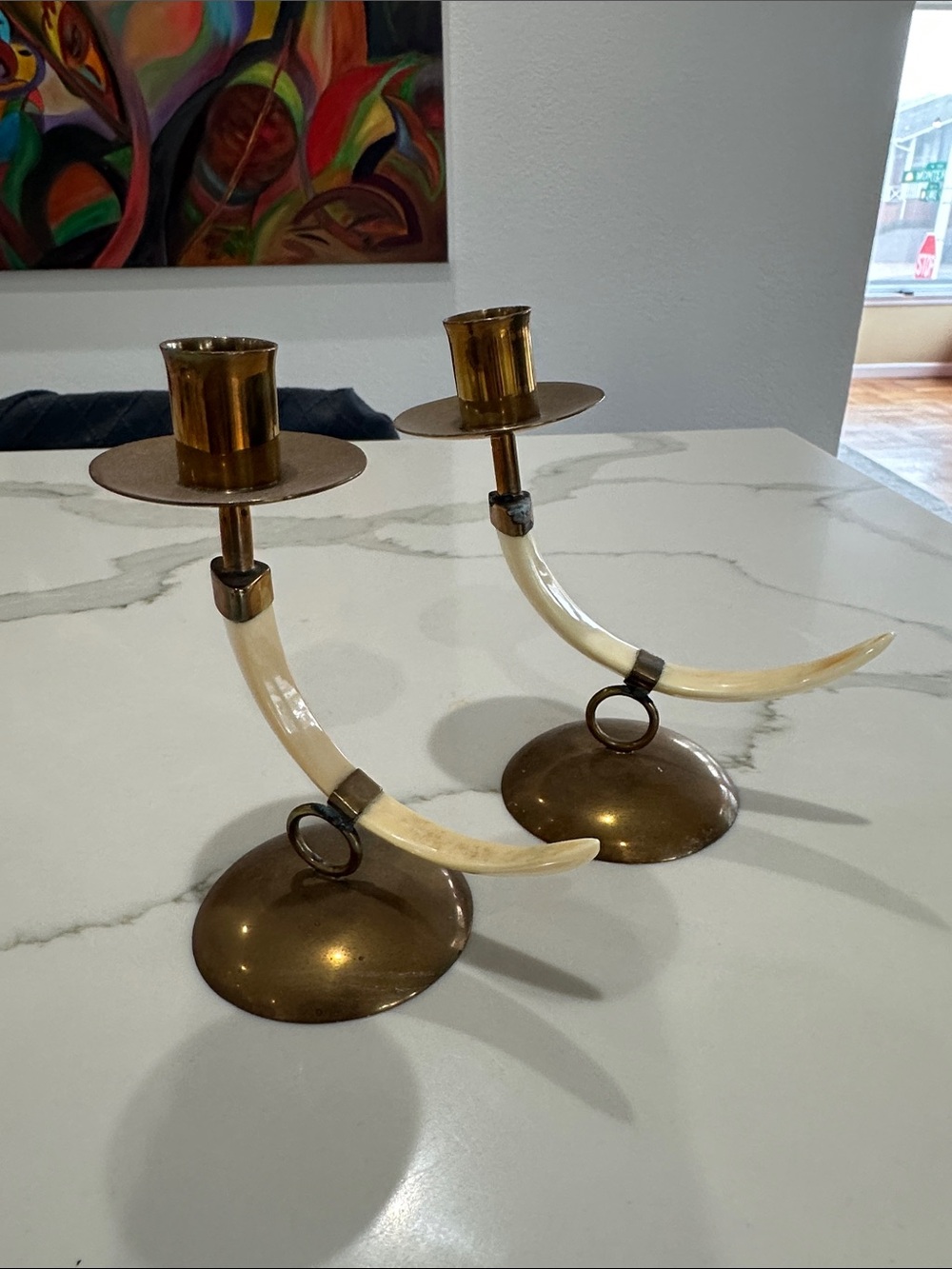 Brass & Faux Ivory Horn Accent Candle Holders - Pair